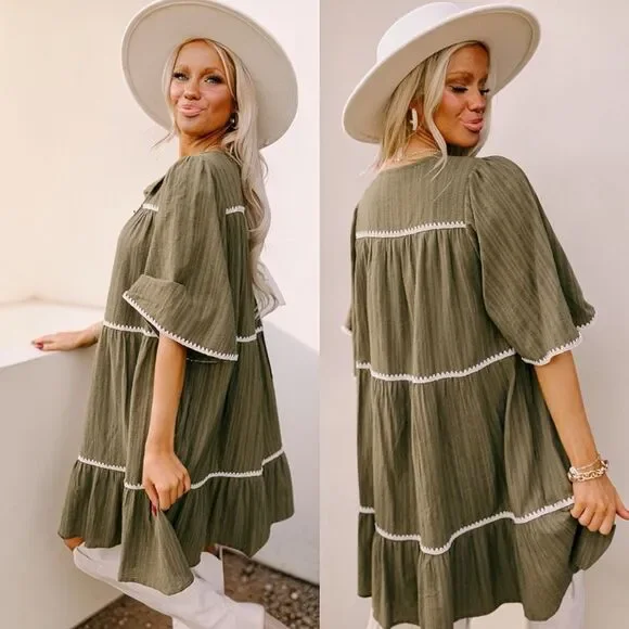 Annie Wear Olive Tiered Mini Babydoll Dress Pockets Short Sleeve NWT - Picture 6 of 15